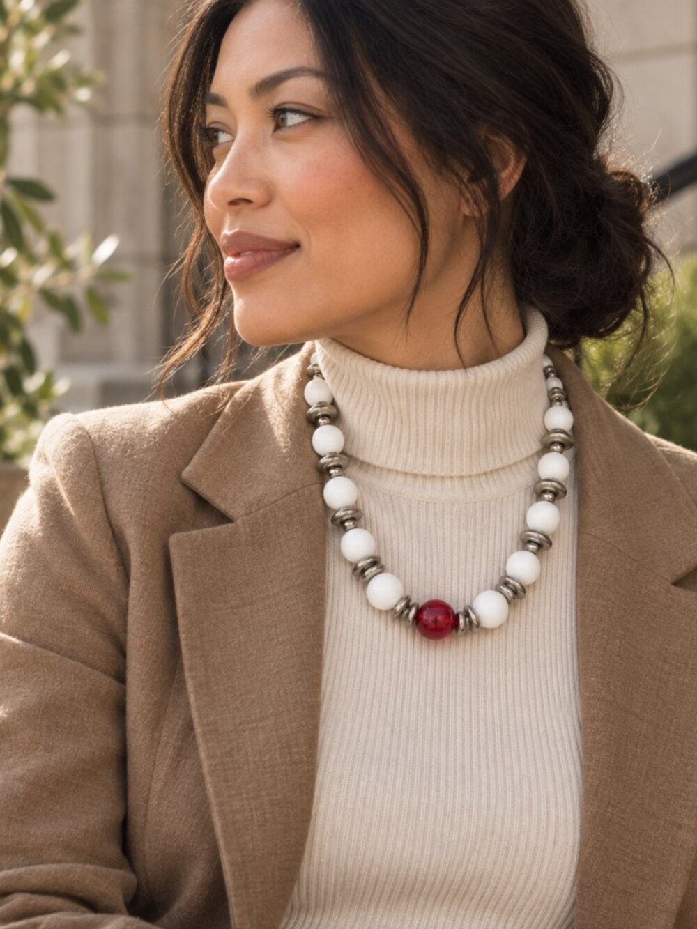 Vintage Signed Statement Necklace | White Lucite Beads & Jello Red Centre Bead
